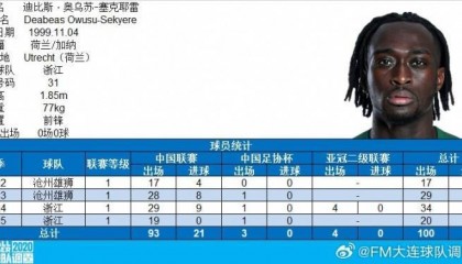 博主：浙江队外援奥乌苏完成代表中国职业俱乐部100场里程碑