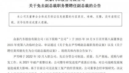 1年卖了14辆车亏了10亿元，众泰汽车公告：副总裁尹雪峰被免职