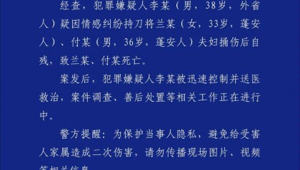 男子疑因情感纠纷捅伤夫妇后自残 警方：夫妇不幸身亡，嫌疑人已被控制