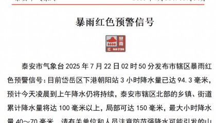 紧急提醒！泰安暴雨红色预警信号已发布！非必要不外出！