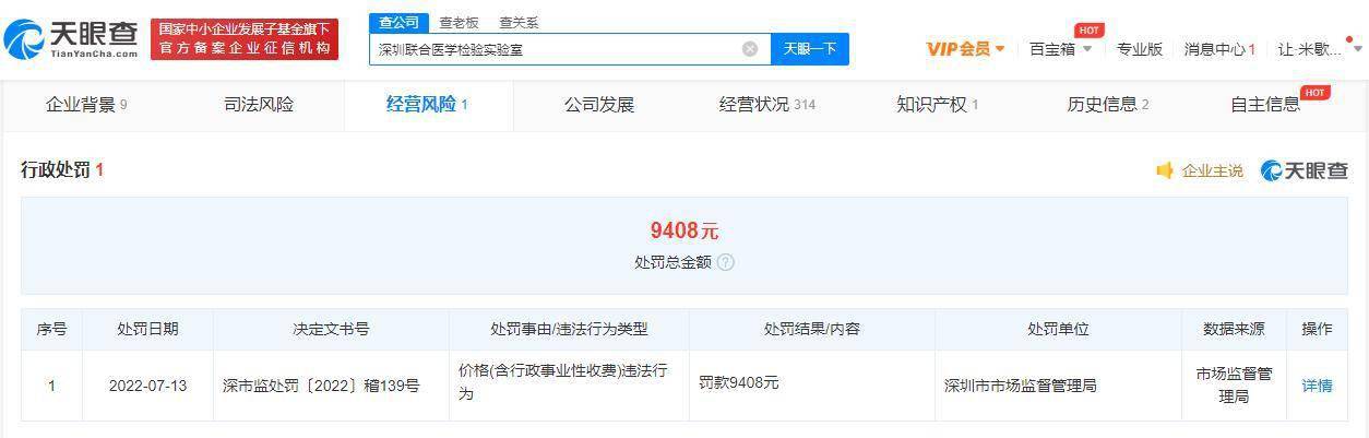 深圳联合医学实验室因价格违法被罚